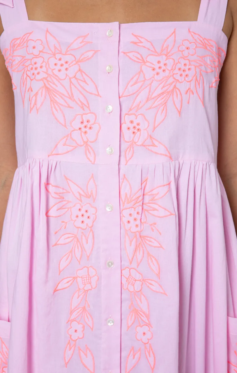 Juliet Dunn Tie Shoulder Dress, Flower Embroidery Neon Pink