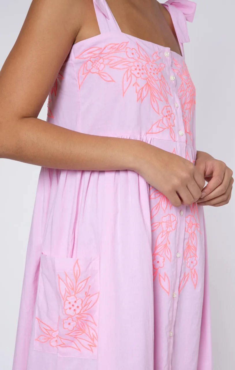 Juliet Dunn Tie Shoulder Dress, Flower Embroidery Neon Pink