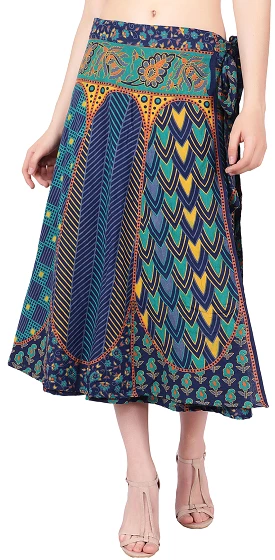 Long India Wrap Around Skirt Women's Cotton Indian Clothing (Blue, One Size)