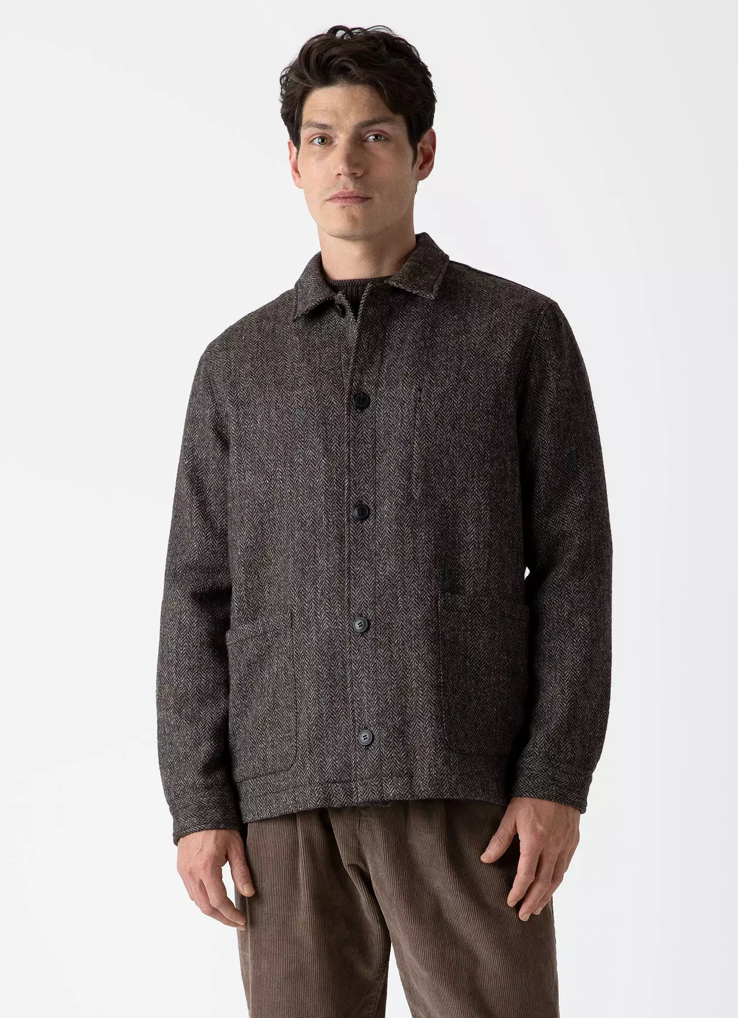 Men's British Wool Twin Pocket Jacket in Brown Herringbone