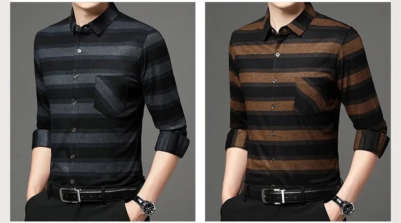 Men's Casual Striped Single Breasted Square Collar Long Sleeves Shirt