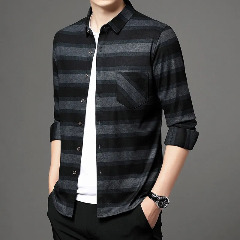 Men's Casual Striped Single Breasted Square Collar Long Sleeves Shirt