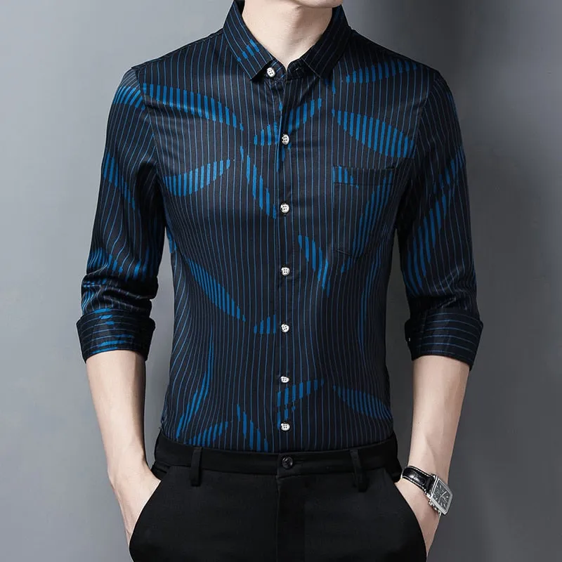 Men's Luxury Korean Striped Casual Long Sleeve Shirt with Pocket