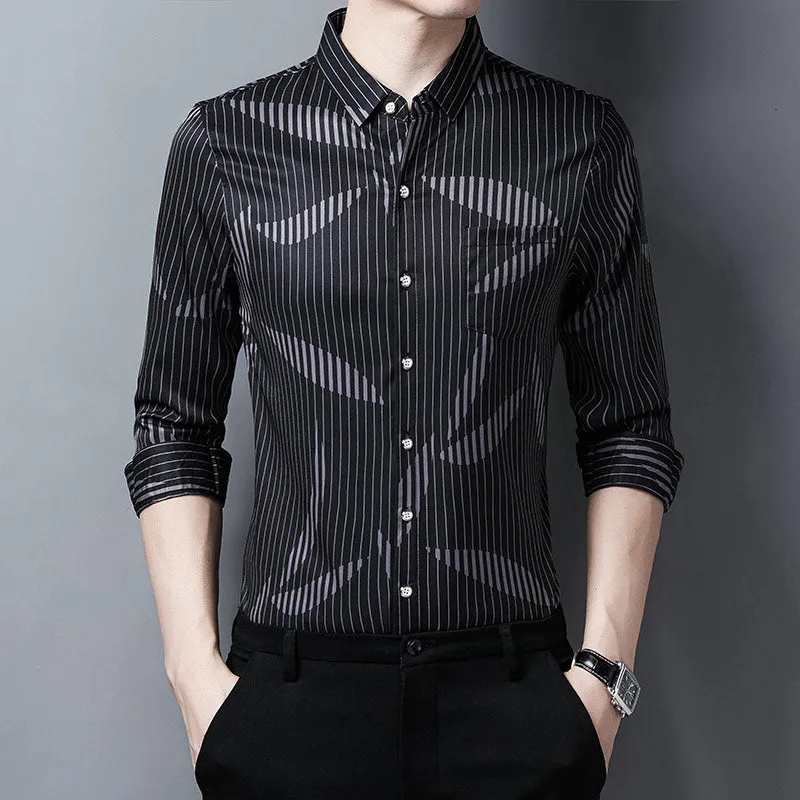 Men's Luxury Korean Striped Casual Long Sleeve Shirt with Pocket