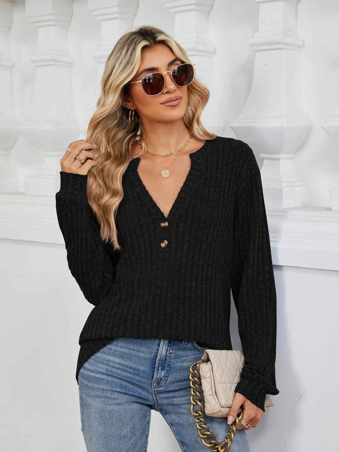 Mindy Ribbed Notched Long Sleeve T-Shirt -Ships 8/5