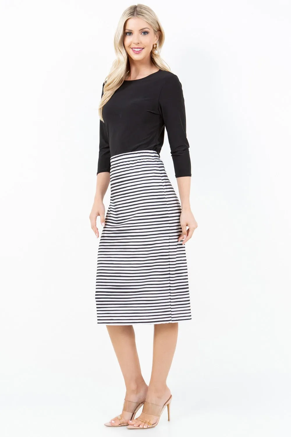 Miss Amy Pencil Skirt (Regular & Plus)-Black & White Stripes