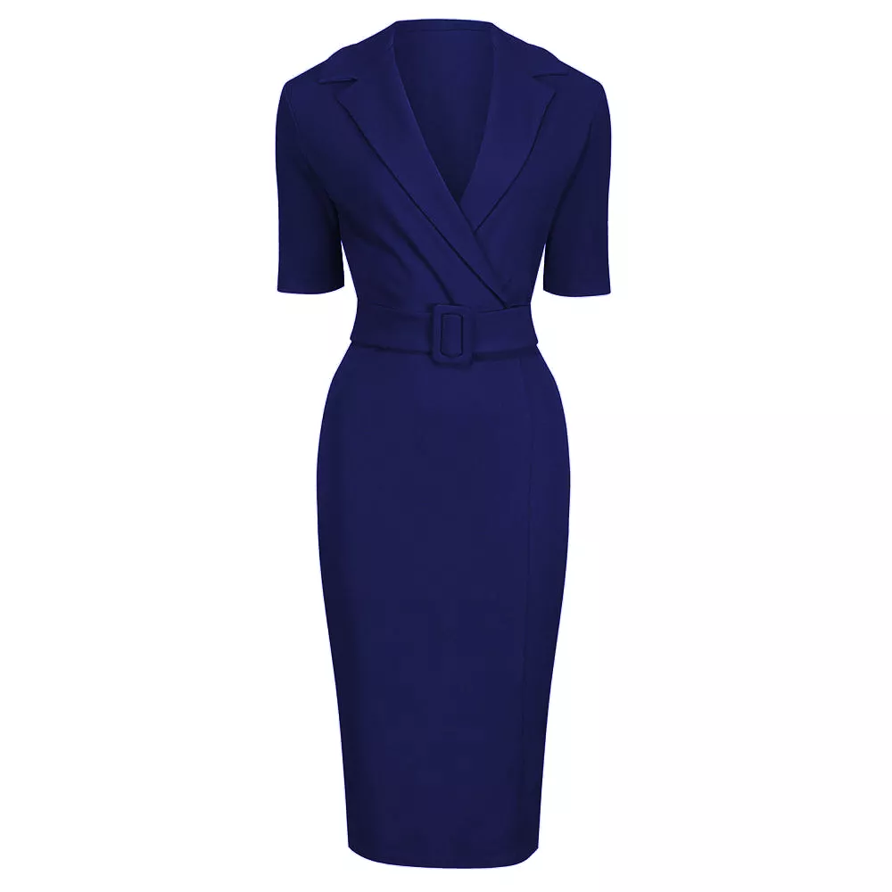 Navy Blue Belted Half Sleeve Collared Wiggle Dress