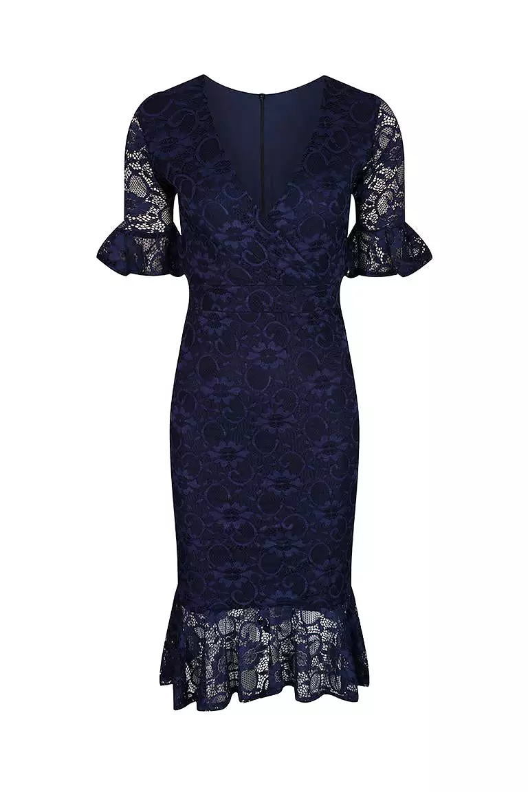 Navy Blue Lace Half Sleeve Fishtail Peplum Hem Bodycon Pencil Dress