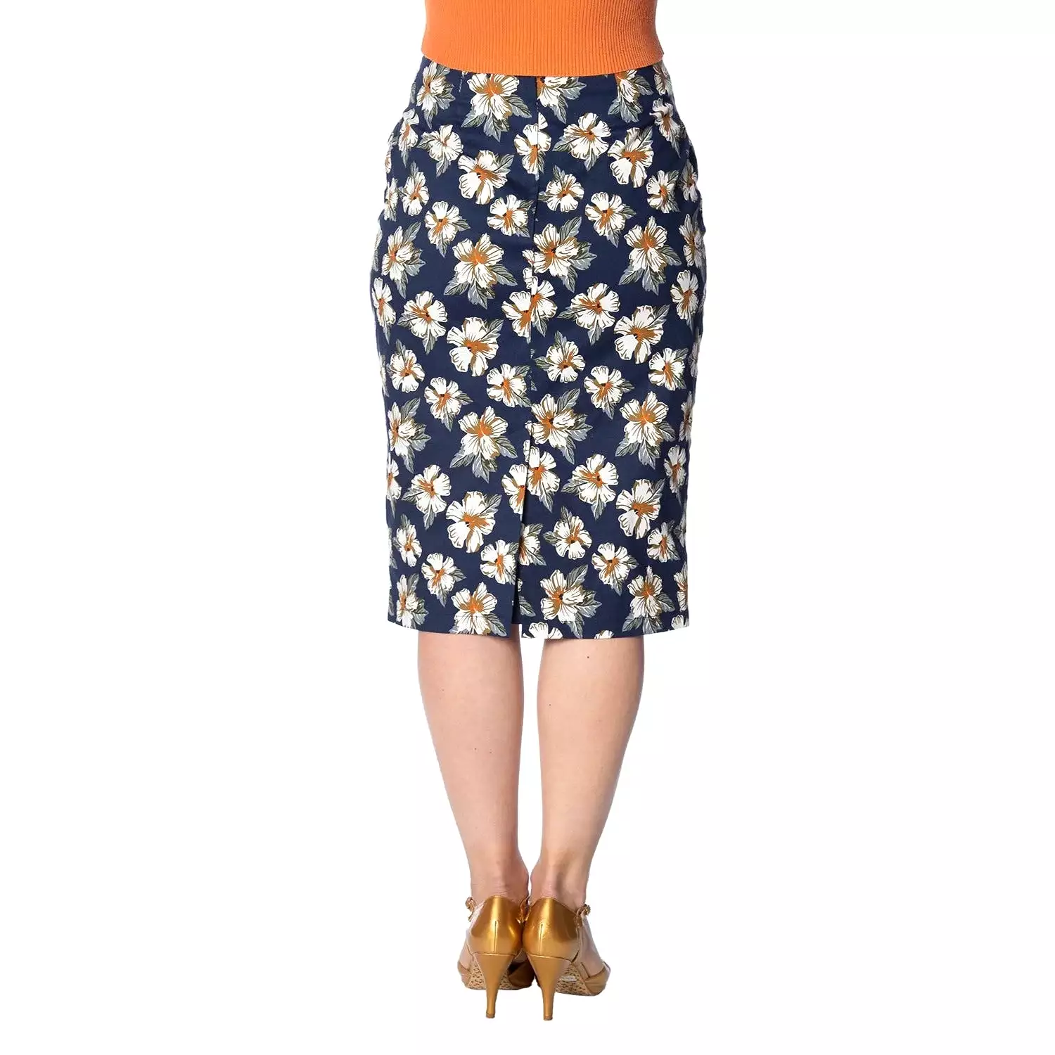 Navy Hawaiian Style Floral Tie-Waist Pencil Skirt