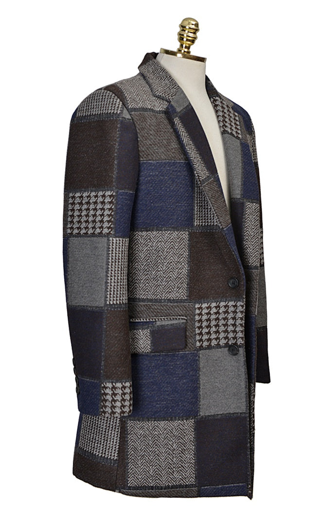 Navy Patchwork Checkered Single Breasted Two Button Wool Blend Coats