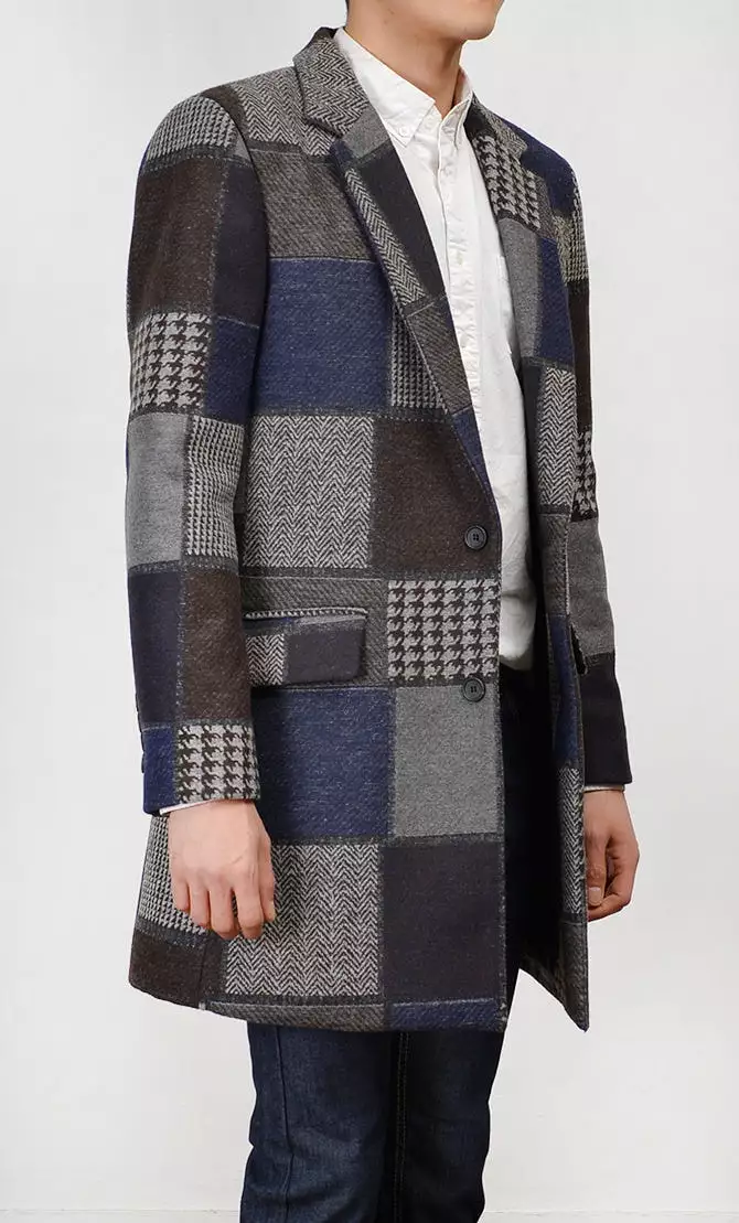 Navy Patchwork Checkered Single Breasted Two Button Wool Blend Coats