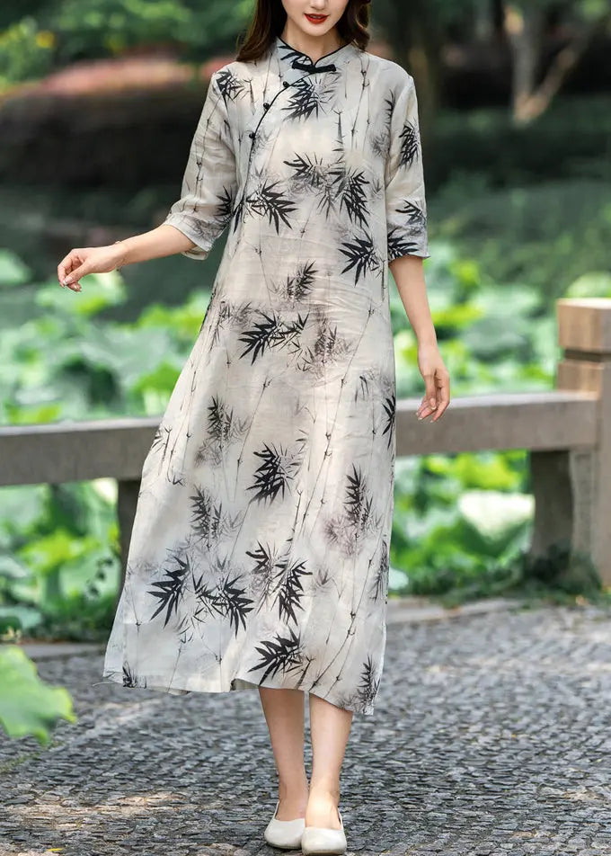 New Light Grey Stand Collar Button Print Linen Dresses Half Sleeve CG1048