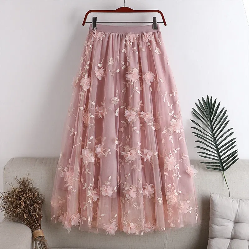 New Women A-Line Mesh Stretch High Waist Flower Embroidery Long Pink Skirt