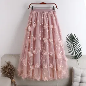 New Women A-Line Mesh Stretch High Waist Flower Embroidery Long Pink Skirt