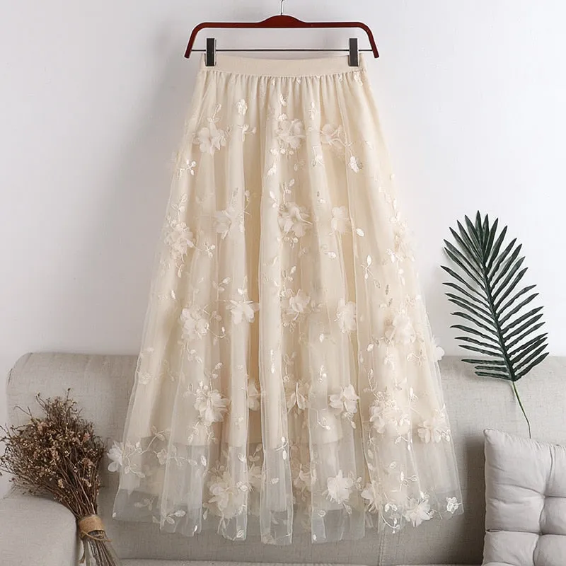 New Women A-Line Mesh Stretch High Waist Flower Embroidery Long Pink Skirt