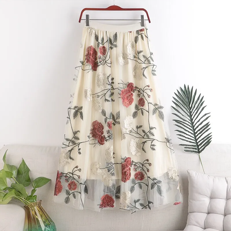 New Women A-Line Stretch High Waist Flower Embroidery Long Spring Mesh Skirt