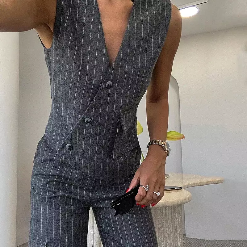 Office 2 Piece Set Women Elegant Sleeveless Striped Printed V Neck Irregular Single Breasted Vest Top Straight Pants Sets