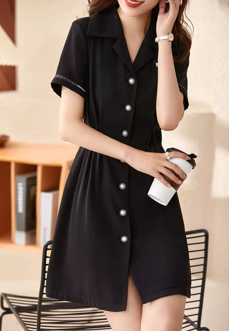 OUNIXUE Elegant Lapel Single Breasted Dress