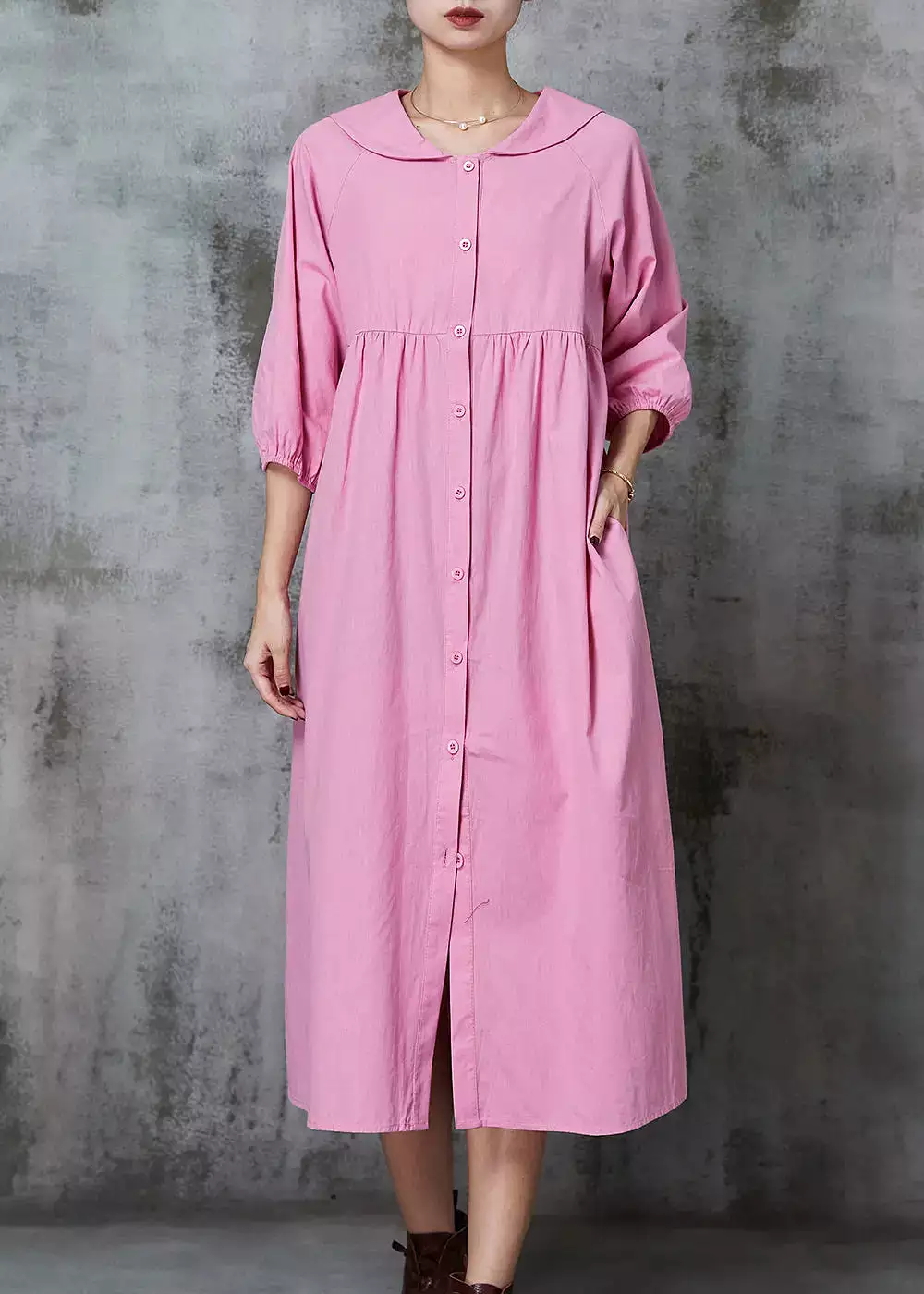 Pink Cotton Long Dresses Oversized Button Down Half Sleeve JK1009