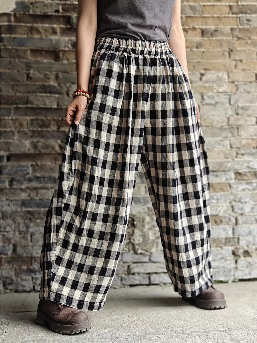 Plus Size Women Casual Plaid Cotton Linen Wide-leg Pants KL1031