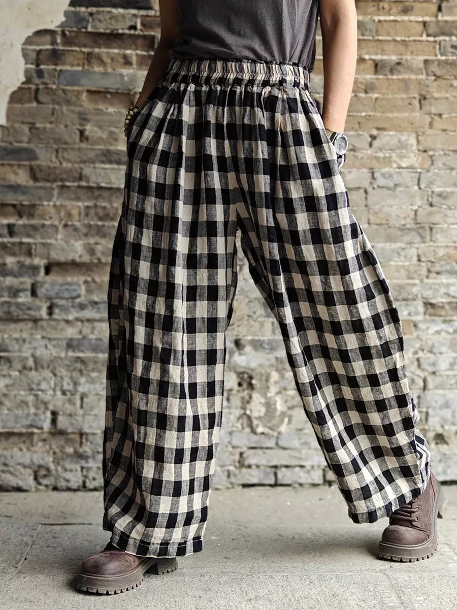 Plus Size Women Casual Plaid Cotton Linen Wide-leg Pants KL1031