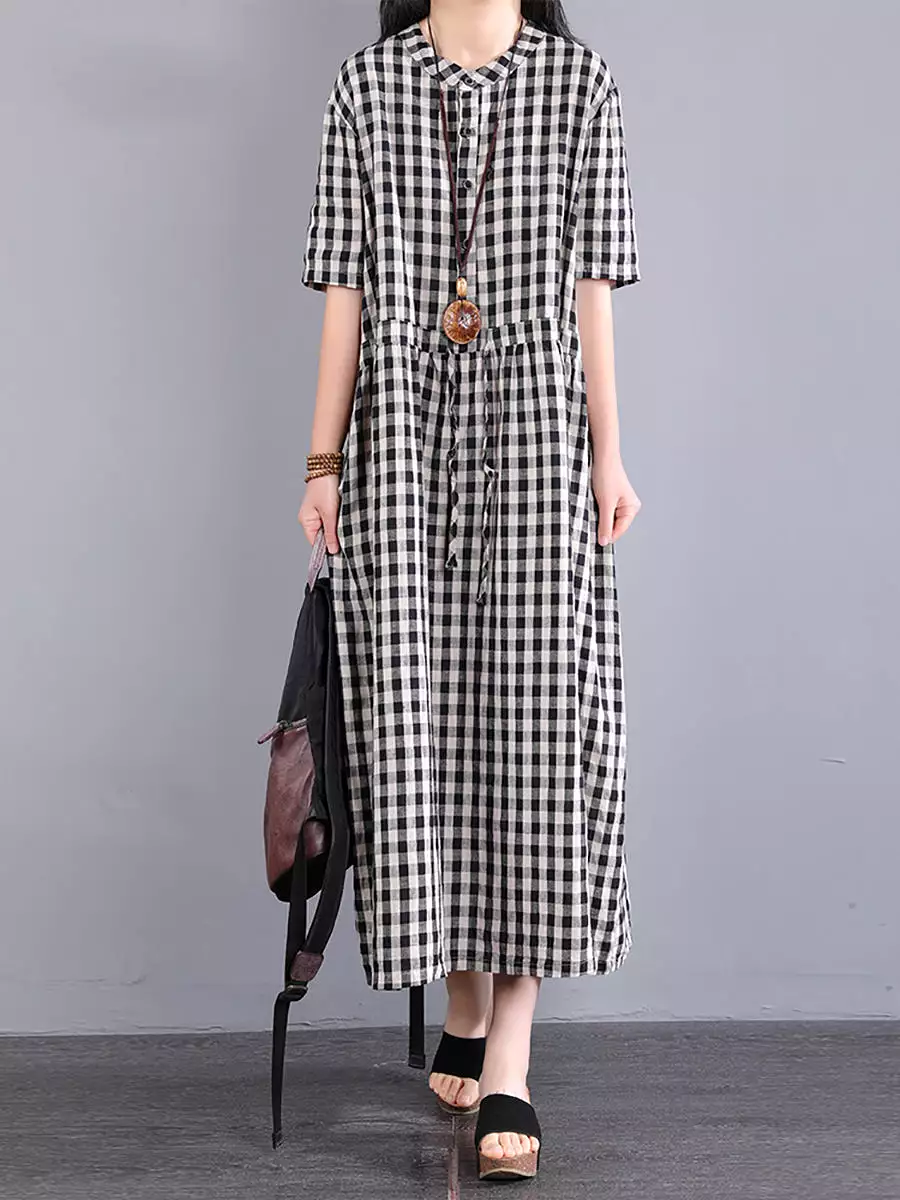 Plus Size Women Casual Plaid Summer Cotton Linen Dress SC1061