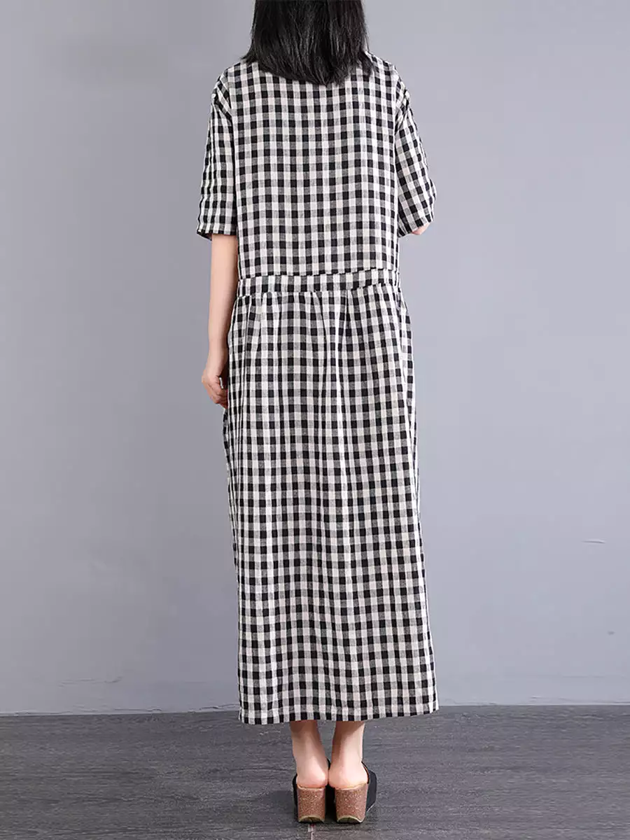 Plus Size Women Casual Plaid Summer Cotton Linen Dress SC1061