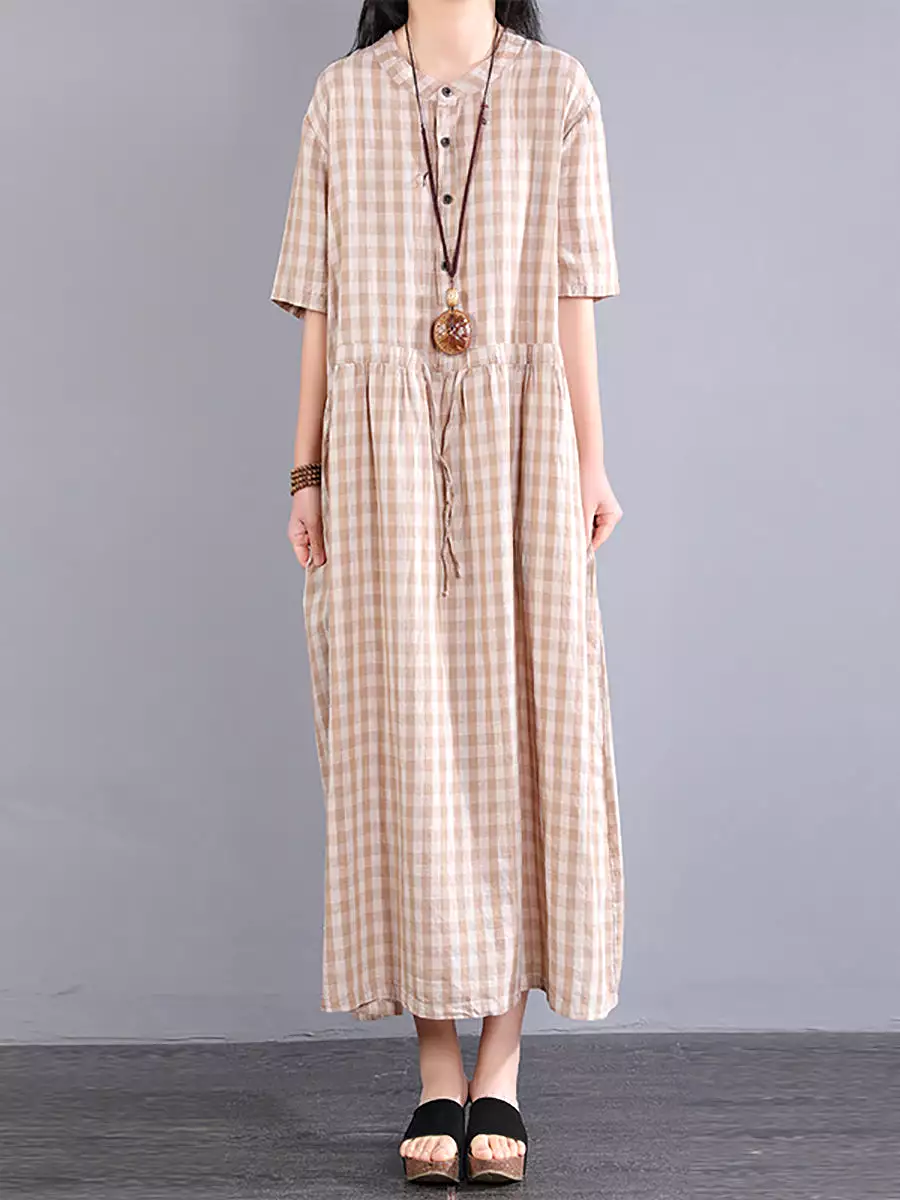 Plus Size Women Casual Plaid Summer Cotton Linen Dress SC1061