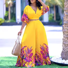 Plus-size women Summer V-neck Printed Top Wide-leg Pants Two-piece Suit M B-94143