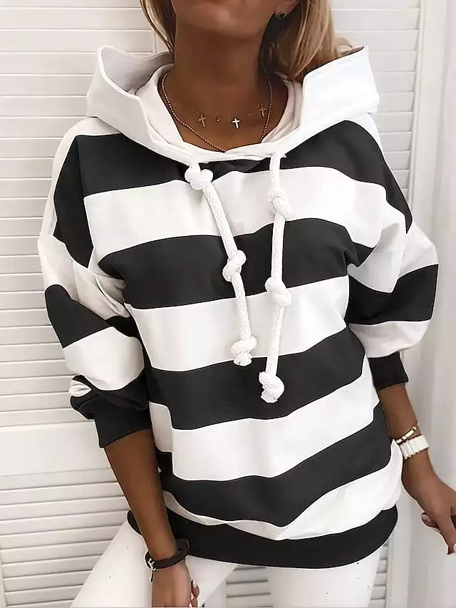 Plus-Size Women's Striped Hoodie Pullover with Drawstring and Hood