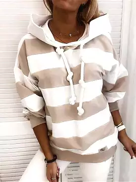 Plus-Size Women's Striped Hoodie Pullover with Drawstring and Hood