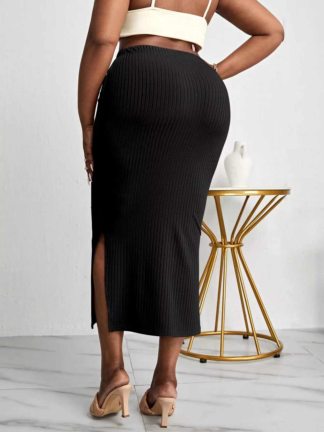 Plus Split Hem Rib knit Pencil Skirt