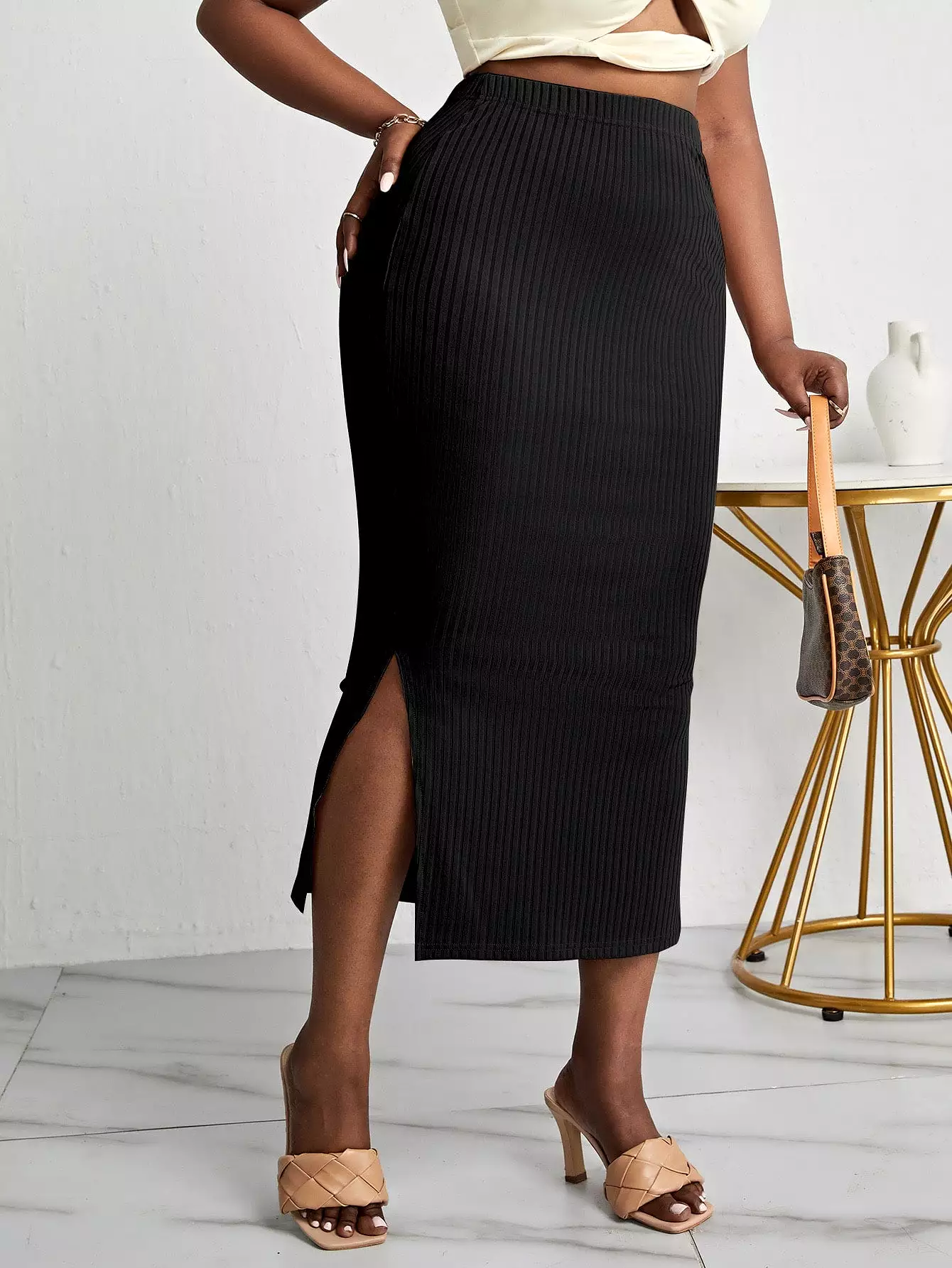 Plus Split Hem Rib knit Pencil Skirt