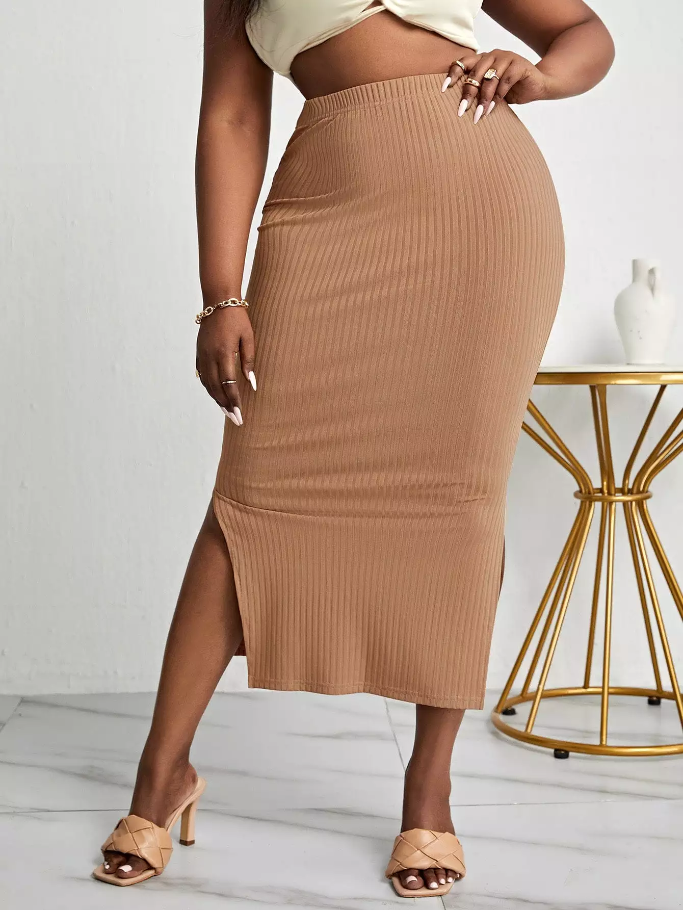 Plus Split Hem Rib knit Pencil Skirt