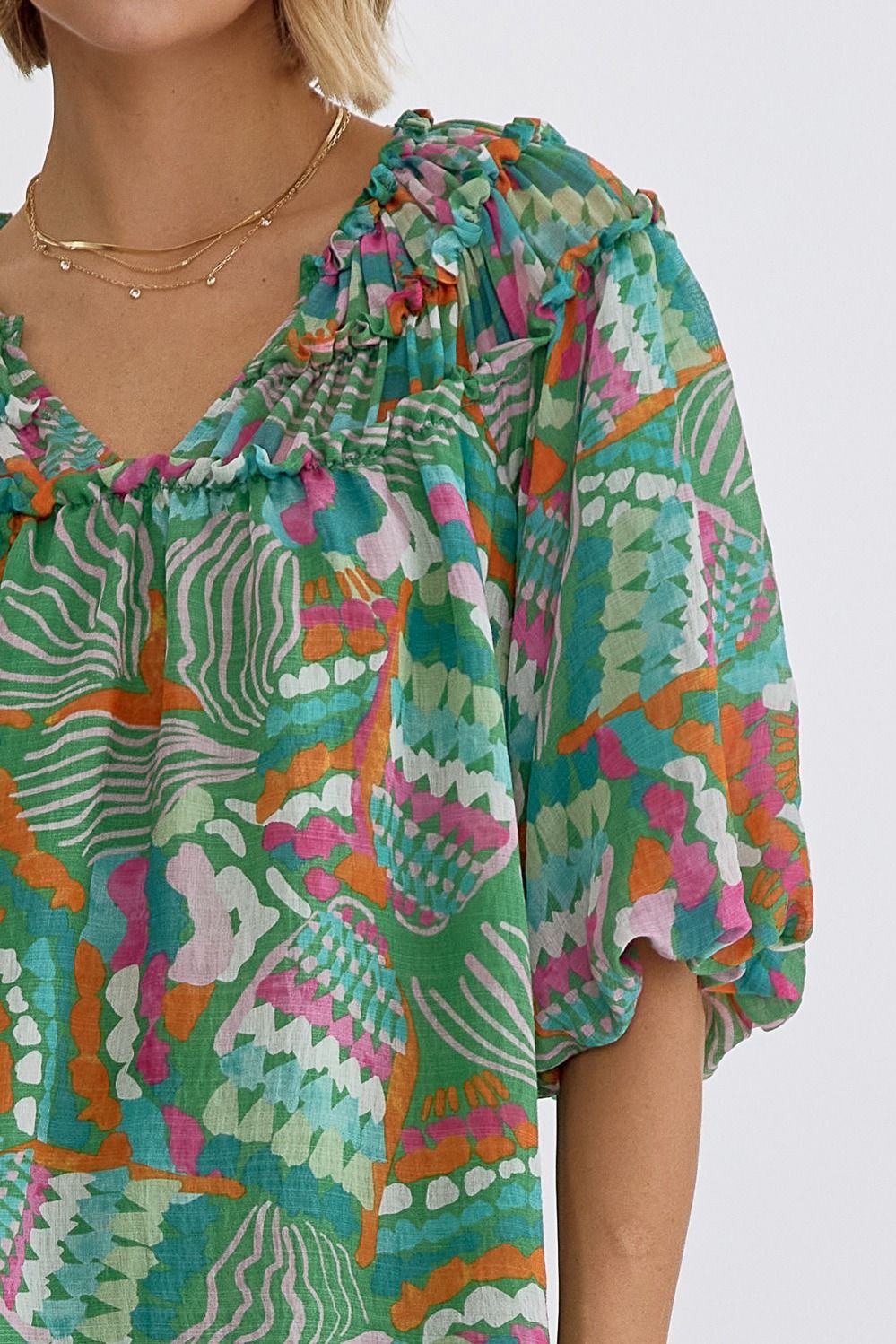 Printed V-Neck Half Sleeve Shirring Detail Top