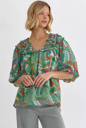 Printed V-Neck Half Sleeve Shirring Detail Top