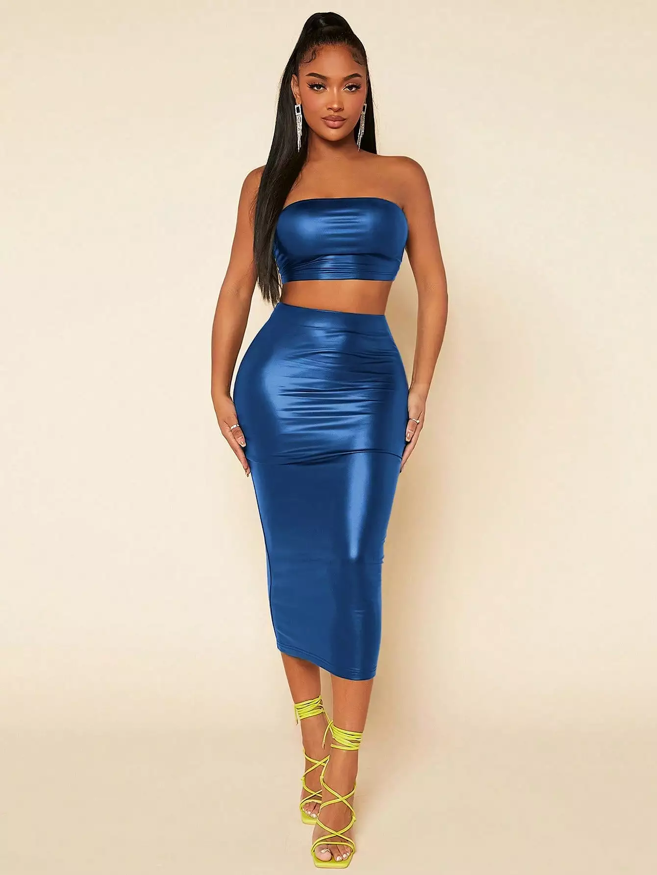 PU Leather Crop Tube Top Pencil Skirt Set