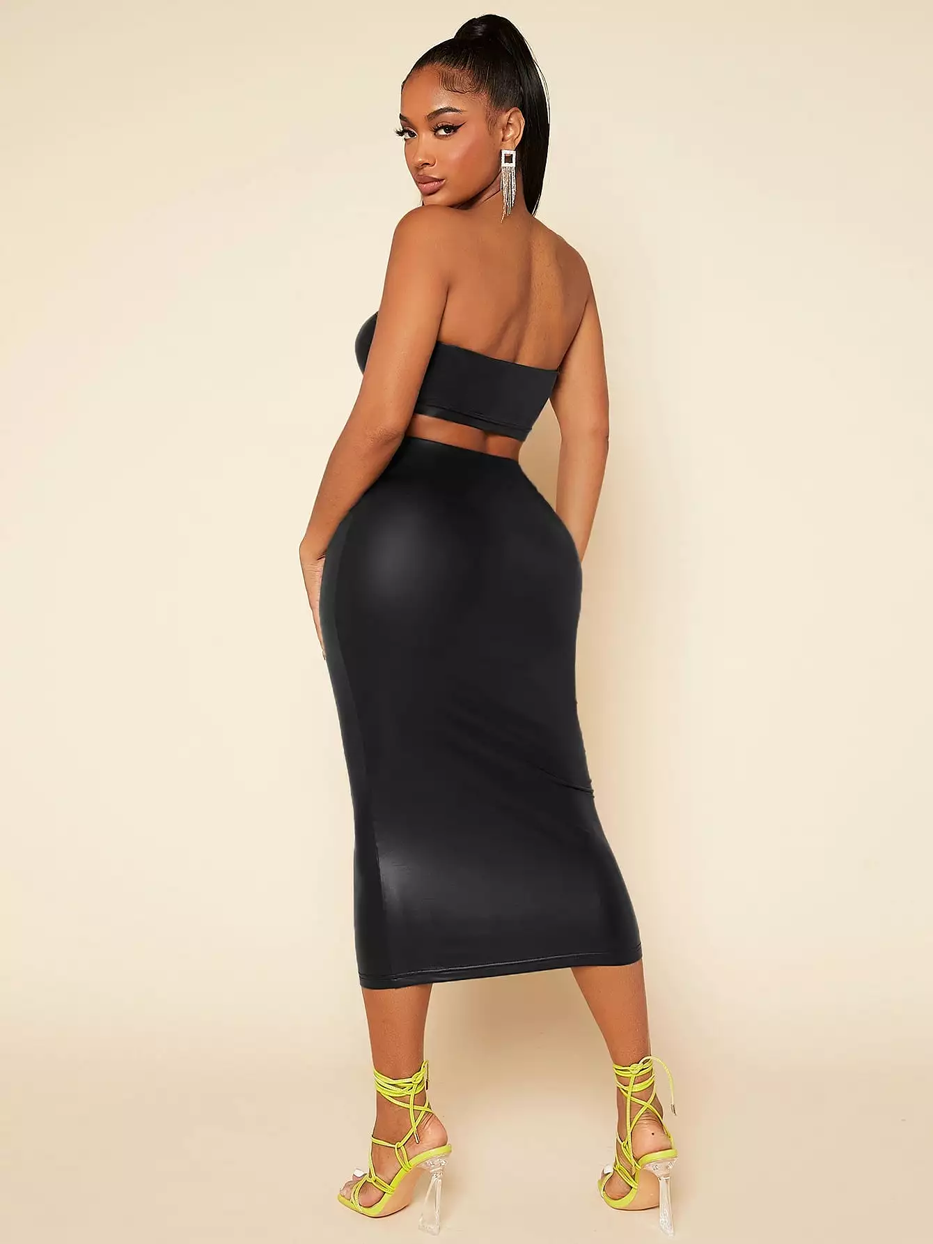 PU Leather Crop Tube Top Pencil Skirt Set