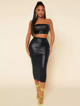 PU Leather Crop Tube Top Pencil Skirt Set