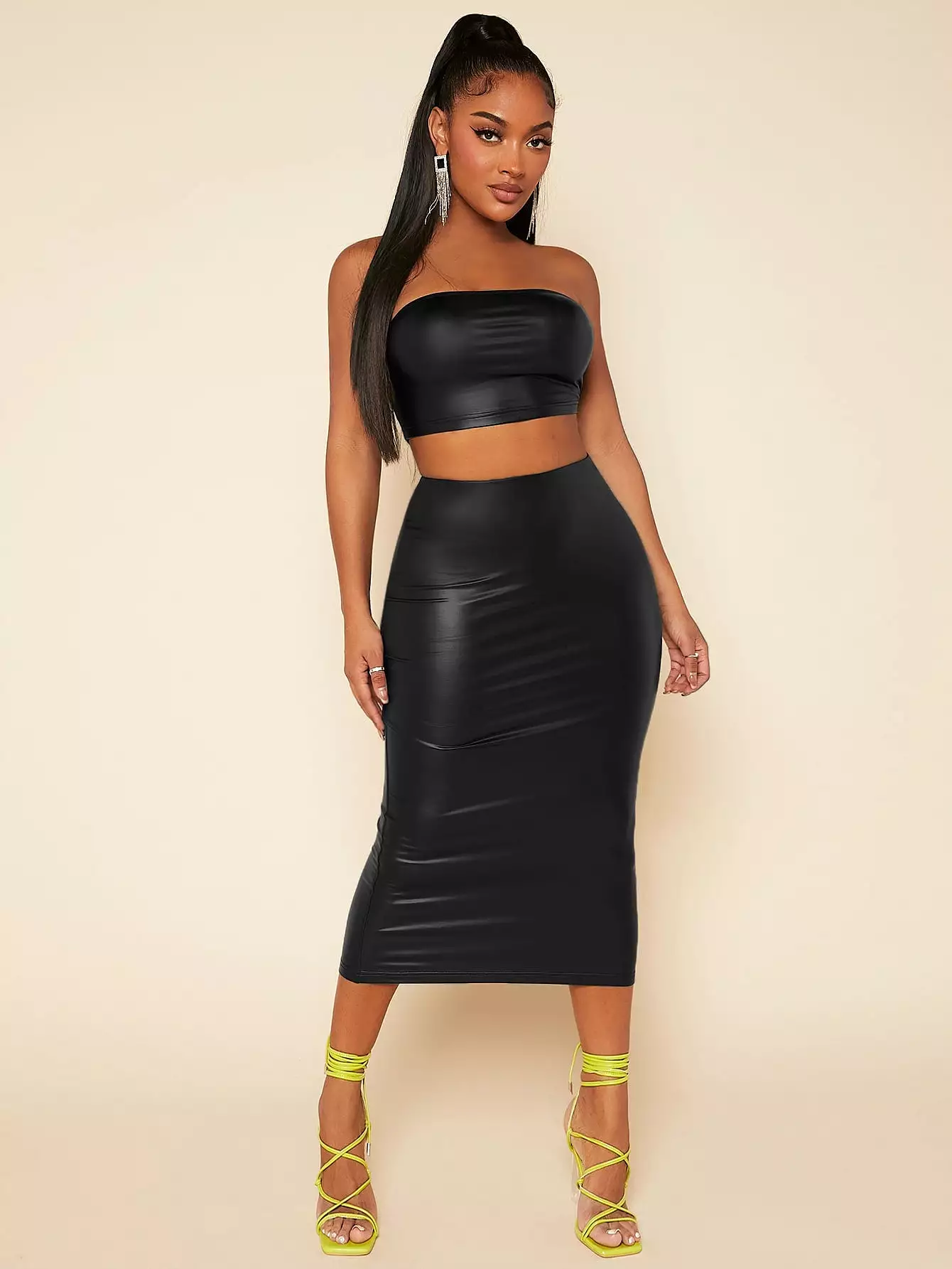 PU Leather Crop Tube Top Pencil Skirt Set