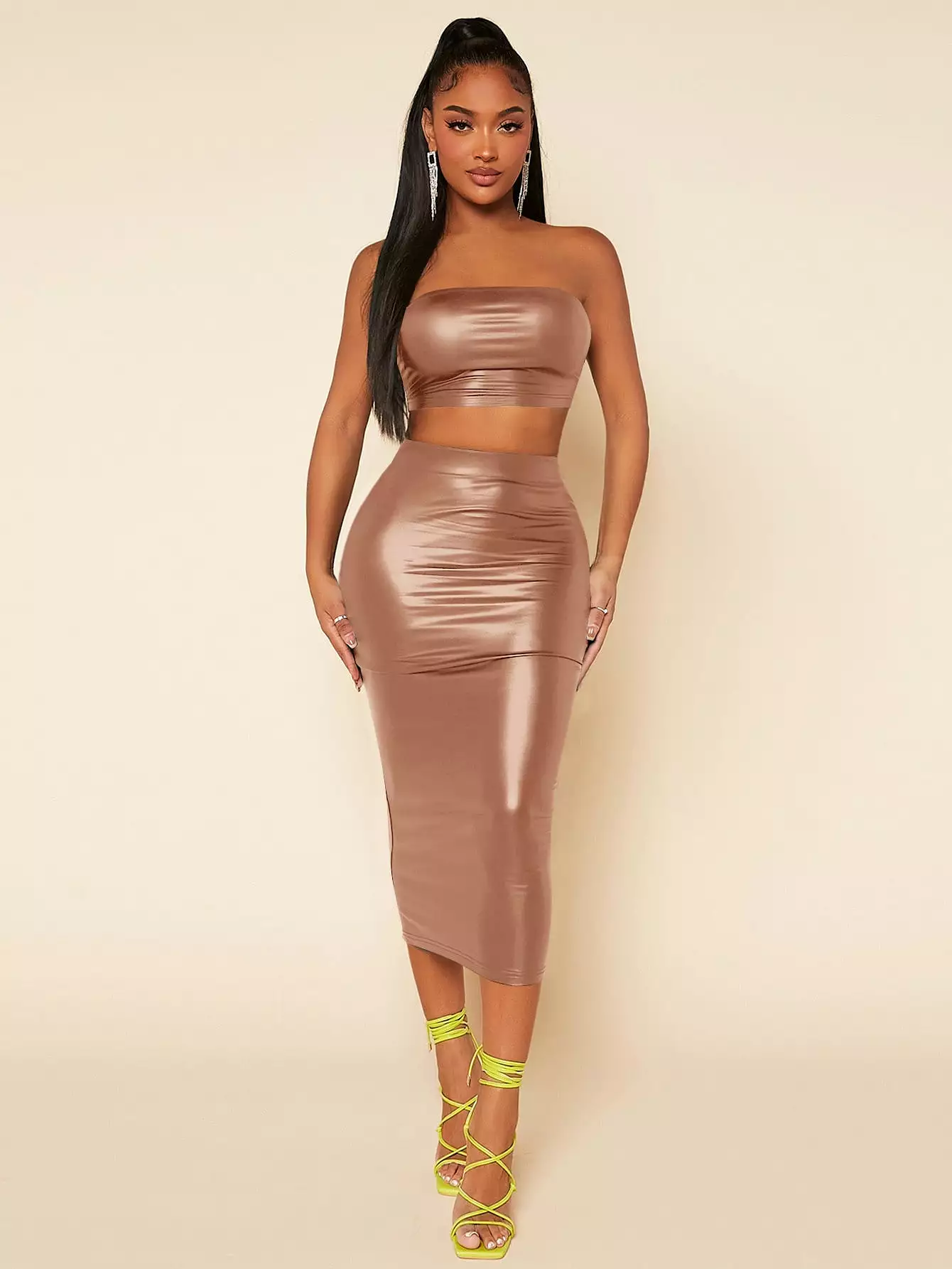 PU Leather Crop Tube Top Pencil Skirt Set