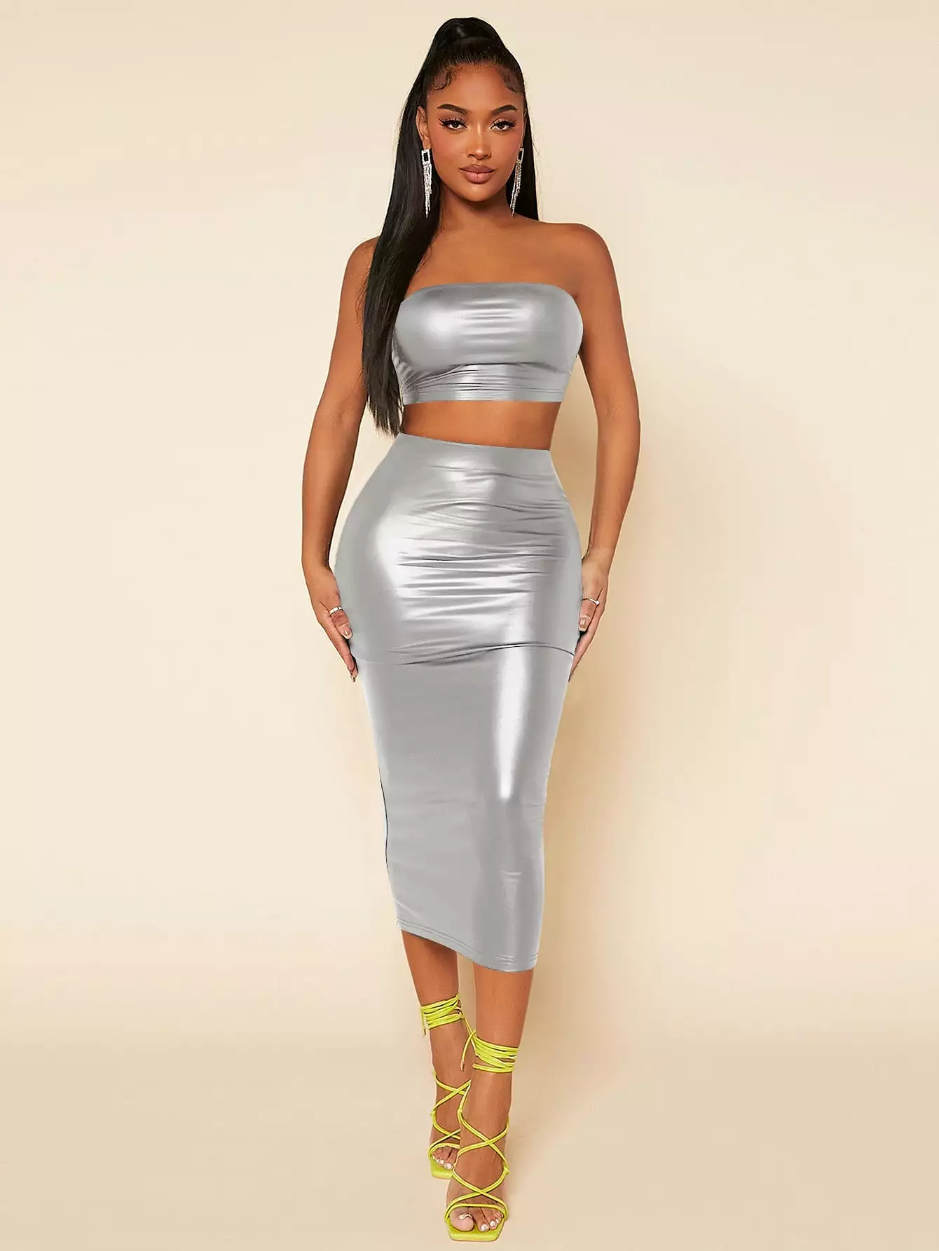 PU Leather Crop Tube Top Pencil Skirt Set