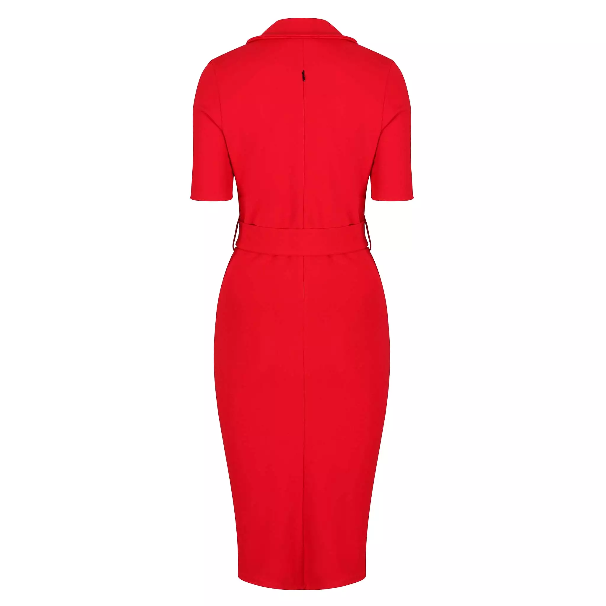 Red Belted Half Sleeve Collared Wiggle Office Dress