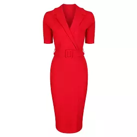 Red Belted Half Sleeve Collared Wiggle Office Dress