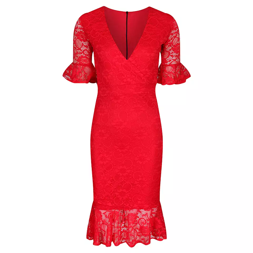 Red Lace Half Sleeve Fishtail Peplum Hem Bodycon Pencil Dress