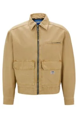 Regular-fit jacket in cotton canvas with logo label