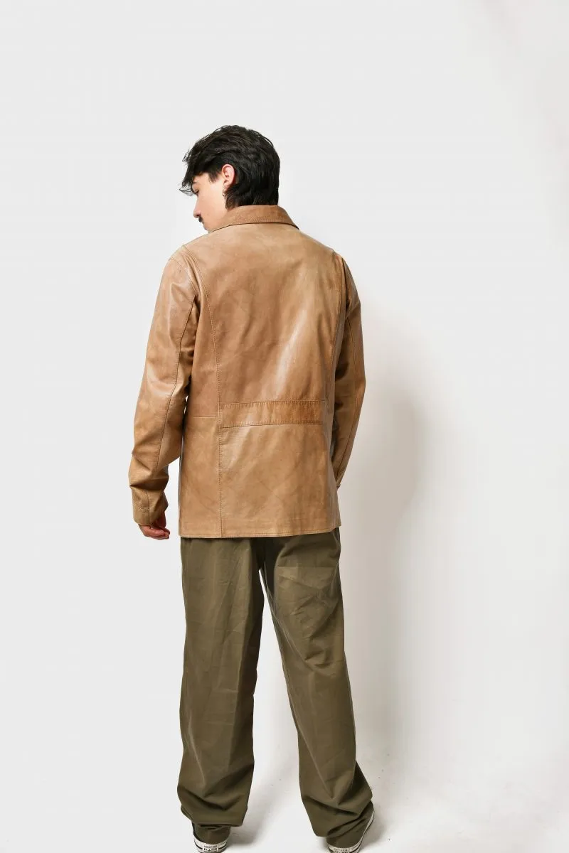 Retro leather mid long coat brown