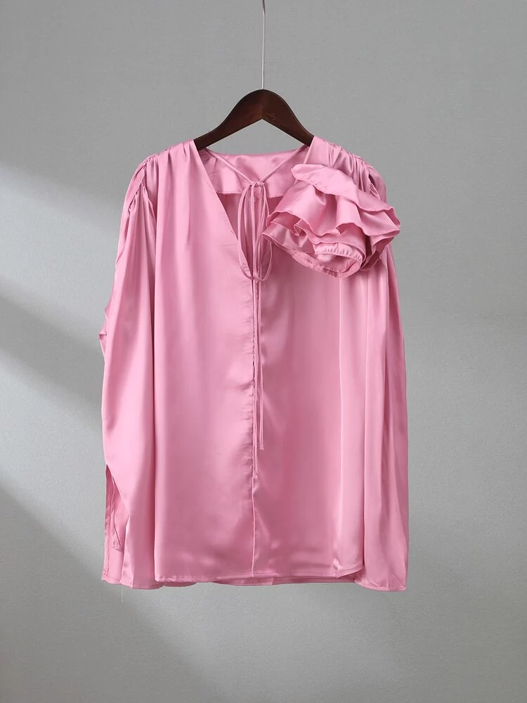 Satin Flower Detachable Shirts For Women Fashion Lace Up Single Breasted Long Sleeve Blouse 2023 Spring Elegant Office Lady Tops