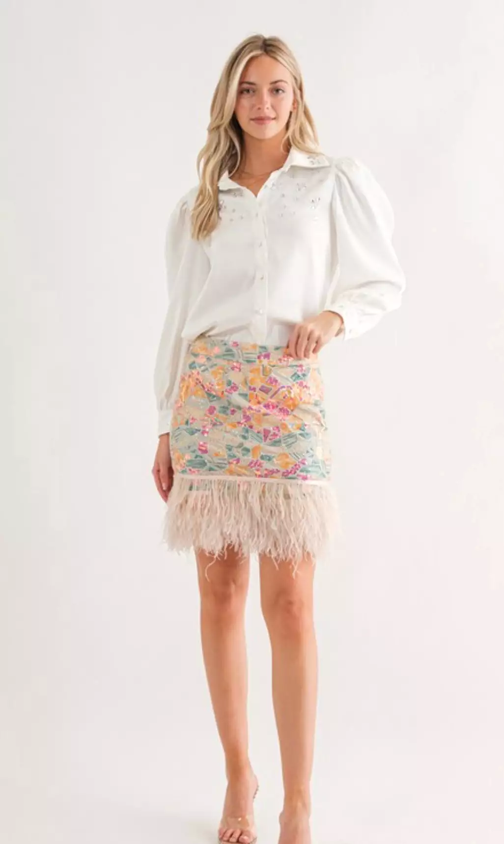 Sequin Feathered Pencil Skirt