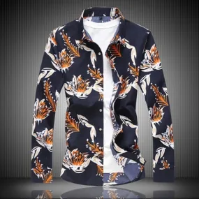 Single Breasted Long Sleeve Casual Style Flower Printed Shirt for Men